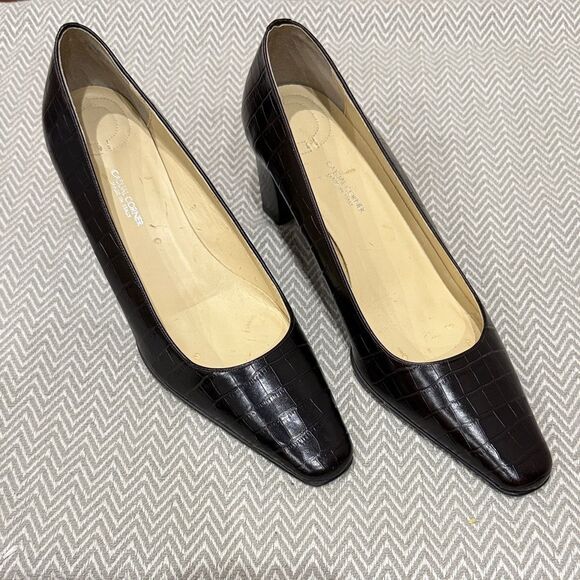 Casual Corner Made In Italy Leather  Dark Brown Croc-Pattern Heels Size 6M - Picture 1 of 5